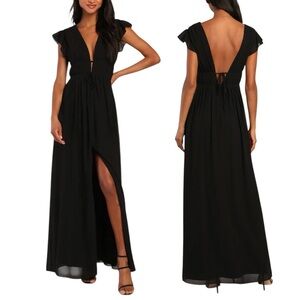 NWOT Lulus I’m All Yours Black Ruffle Sleeve Chiffon Maxi Gown Dress Size M